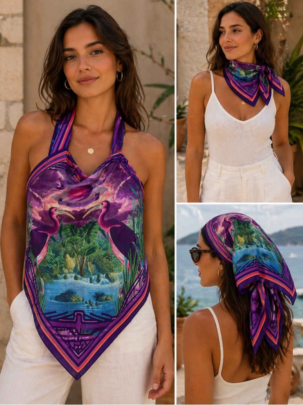 Vosges Haut-Chocolat Peace Love Satin Scarf Vibrant Tropical Birds And Foliage